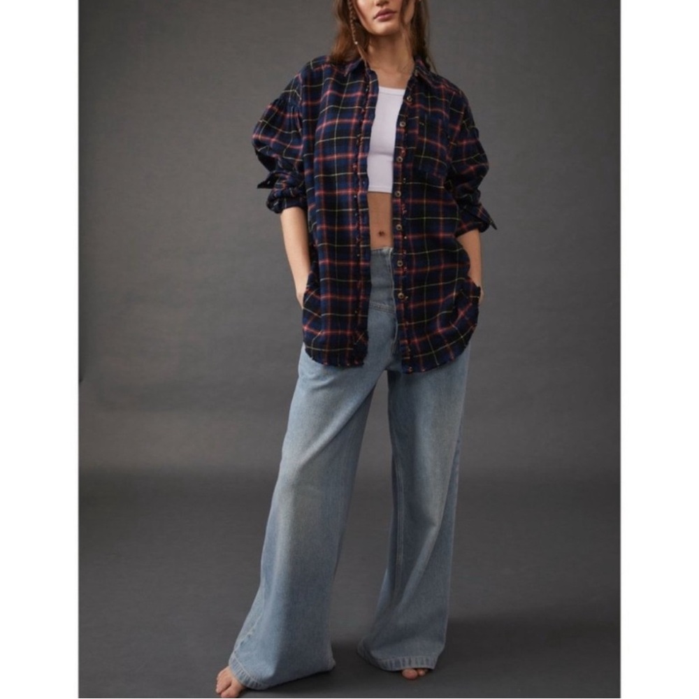 FREE PEOPLE Happy Hour Plaid Flannel Top / Navy Combo - Picture 3 of 11